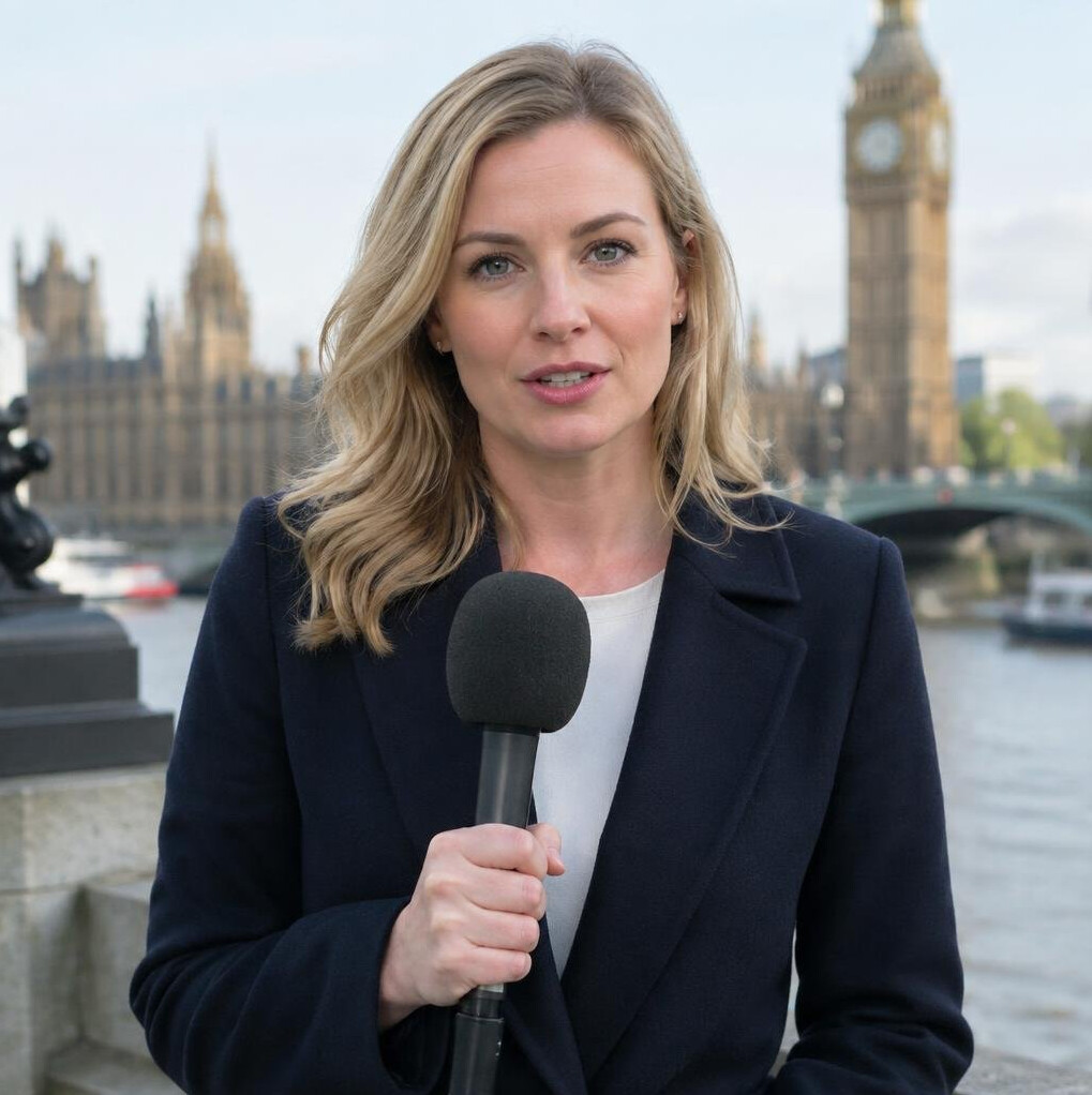 White British female reporter recording a field update piece to camera