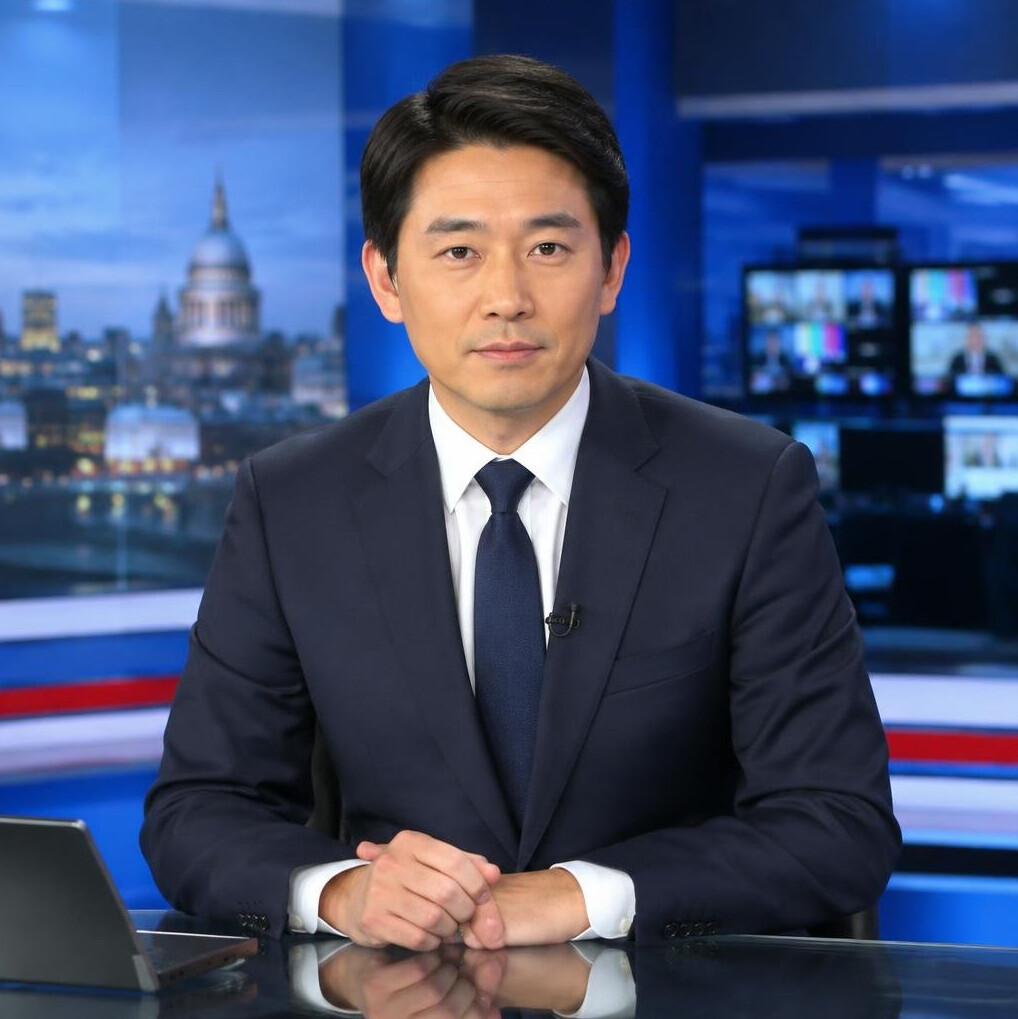 East Asian British male studio anchor presenting behind a news desk
