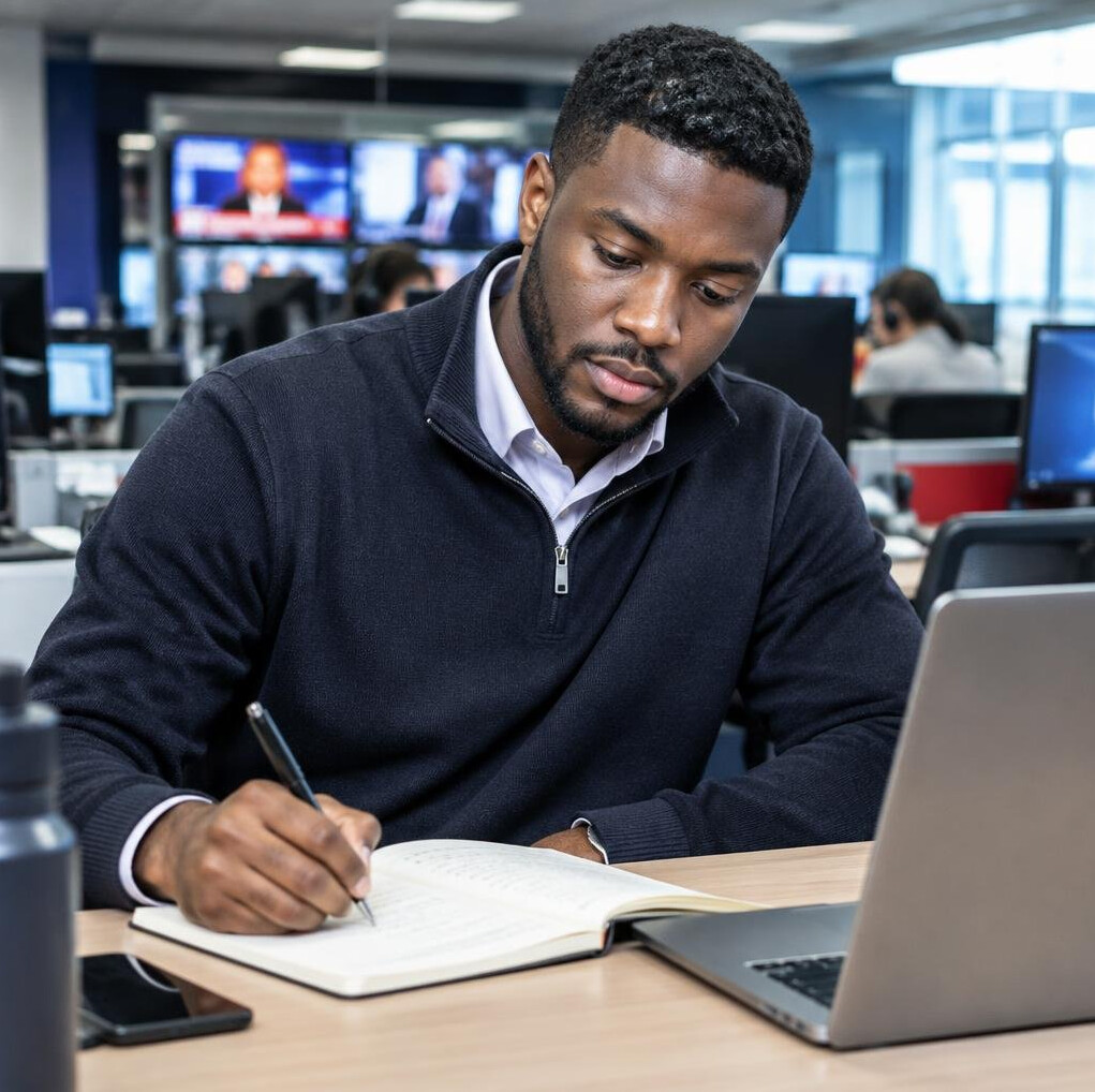 Black British male journalist writing notes for a story at a desk