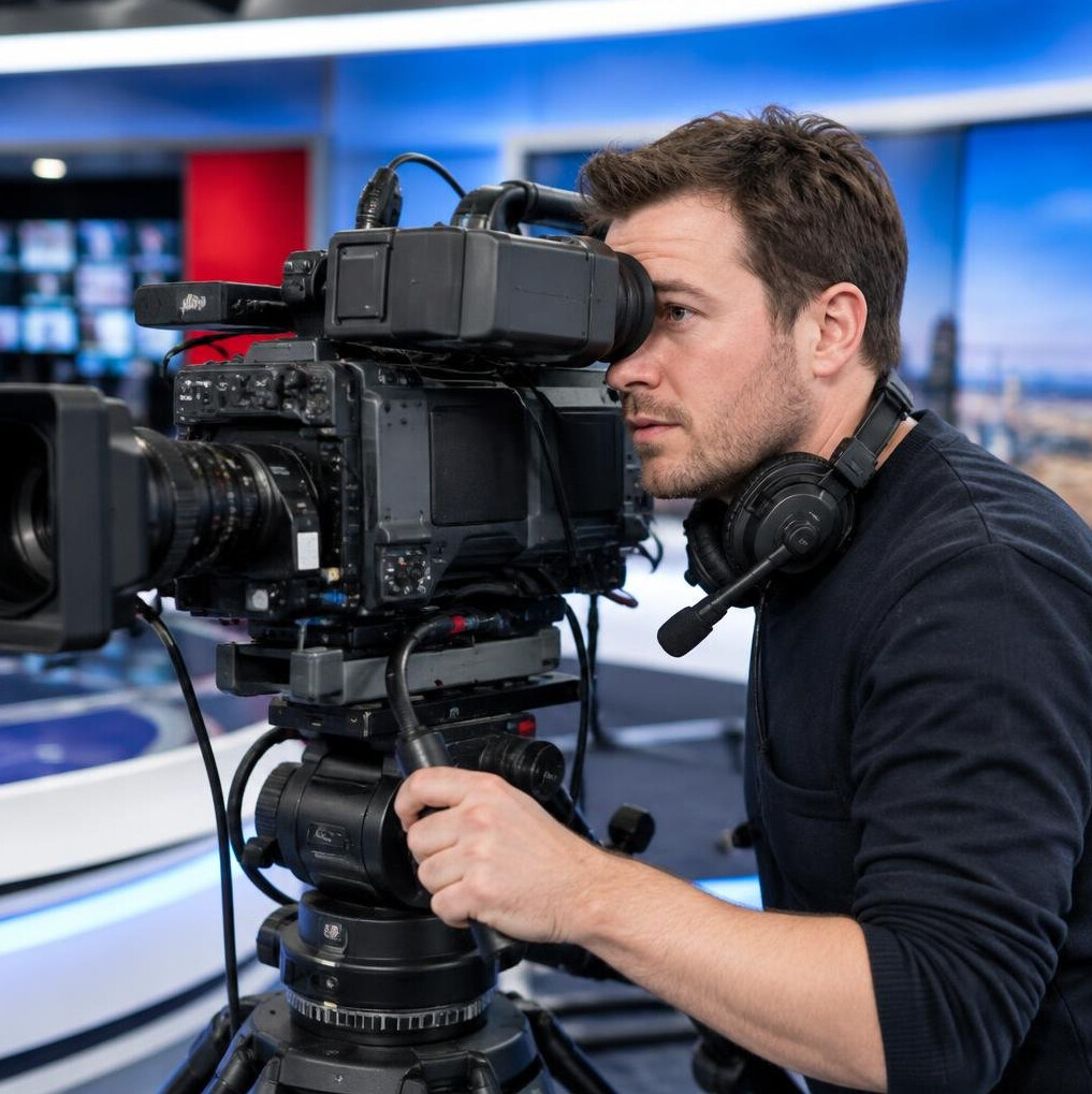 White British male camera operator filming in a news studio