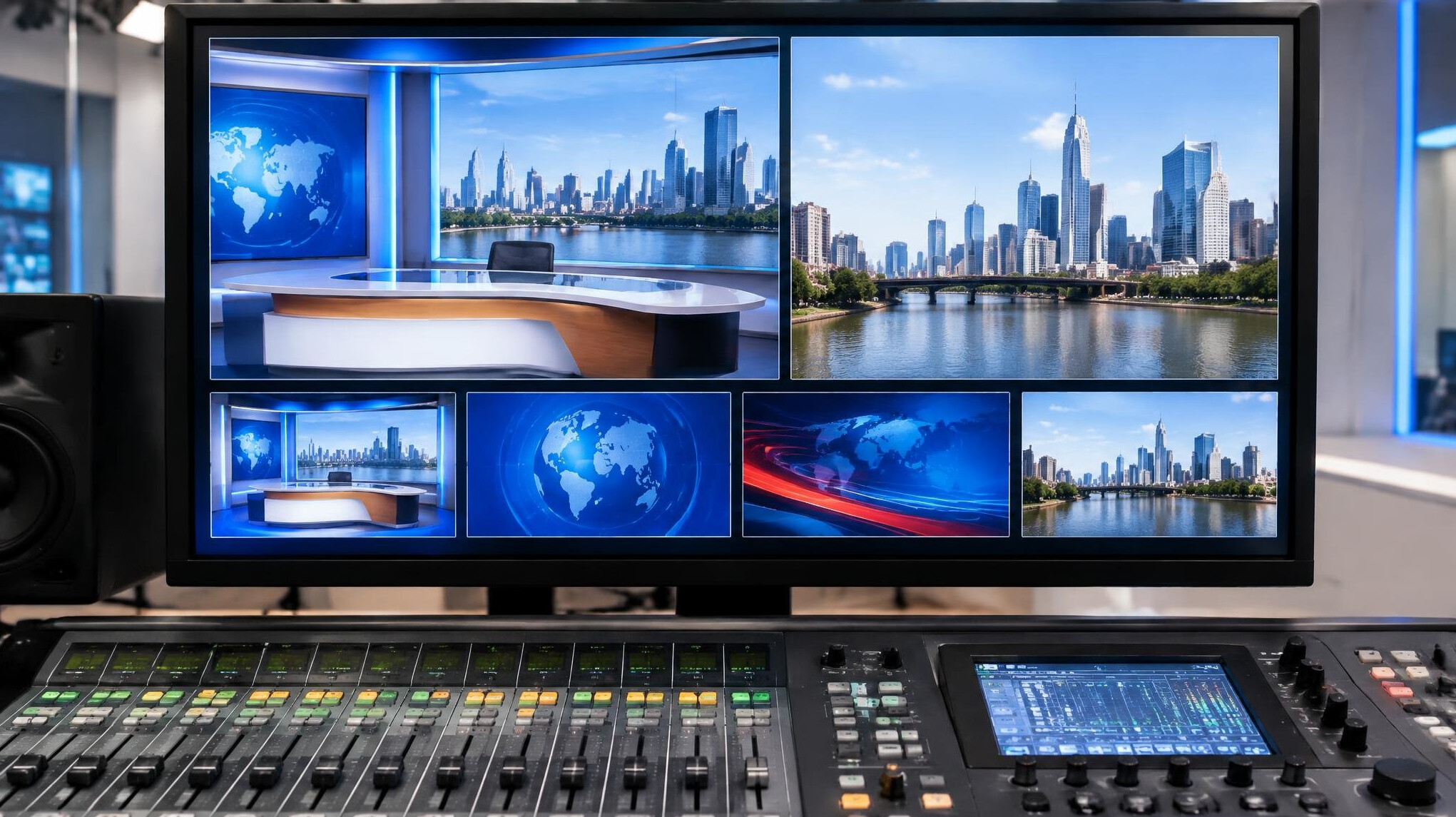 News production team reviewing footage on a studio monitor