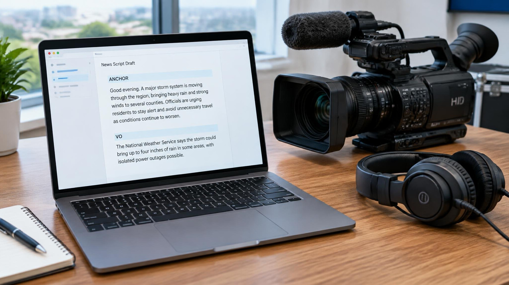 Reporter typing notes on a laptop with camera equipment nearby