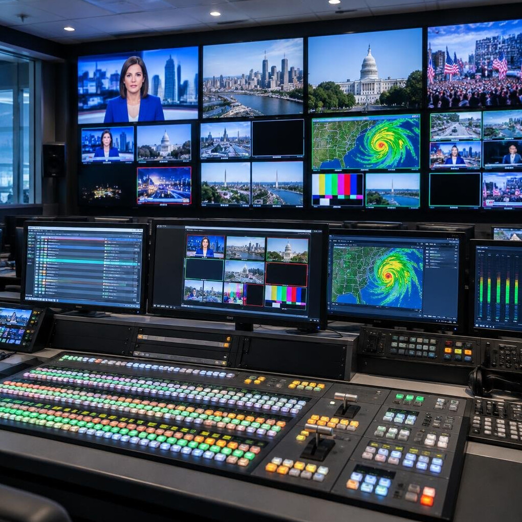 Live television broadcast control room with multiple monitors