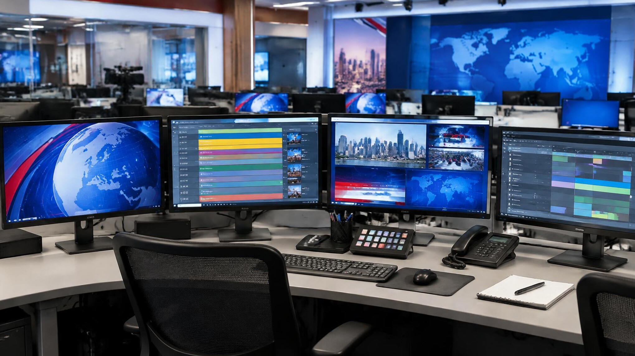Empty newsroom desk with monitors displaying broadcast graphics