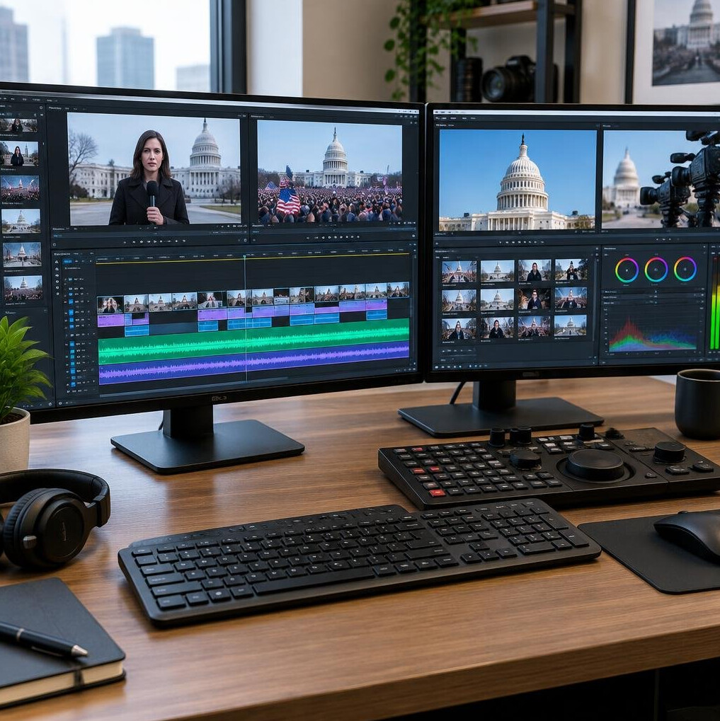 Video editor working on footage at a workstation