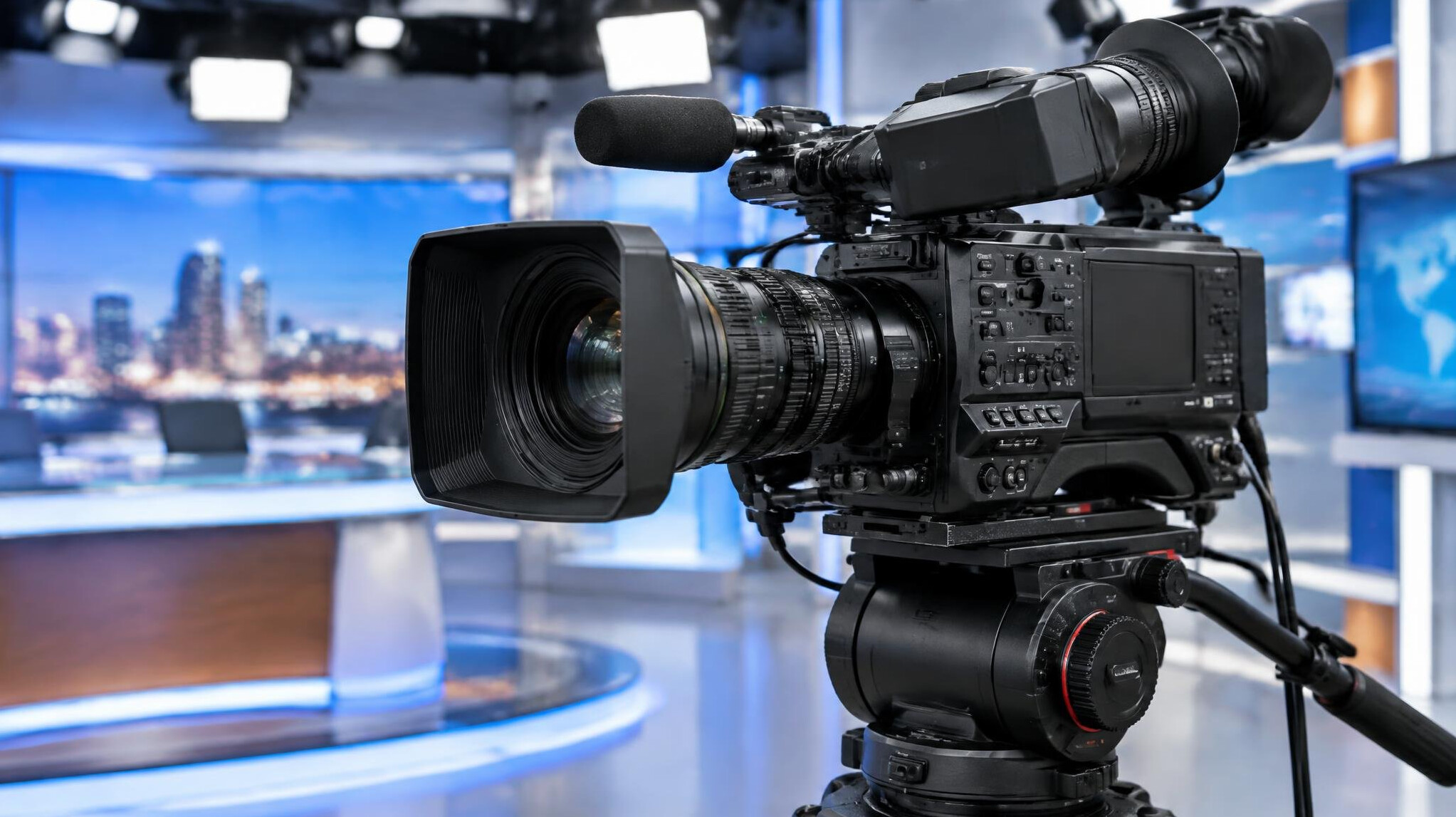 Close up of a professional broadcast camera on a tripod
