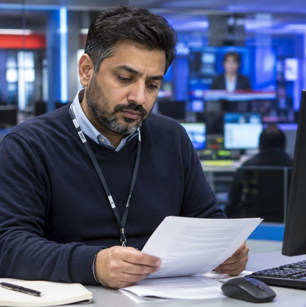 South Asian British male news producer reviewing a script in a studio