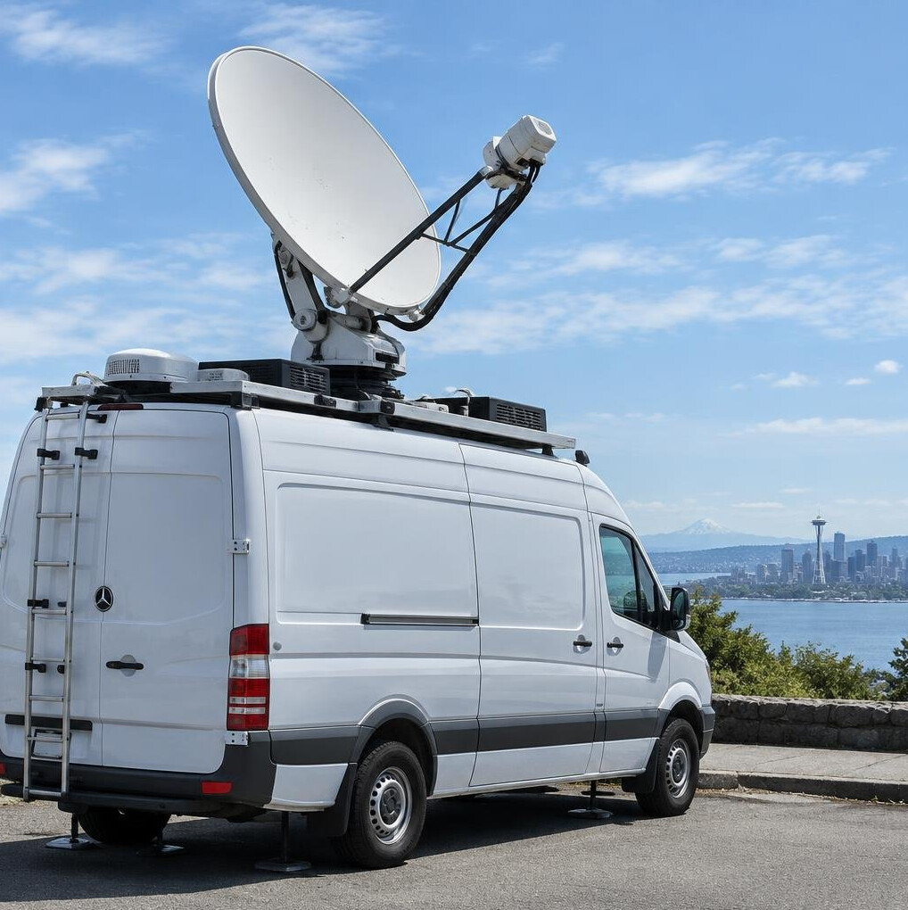 Satellite broadcast van with uplink dish for outdoor reporting