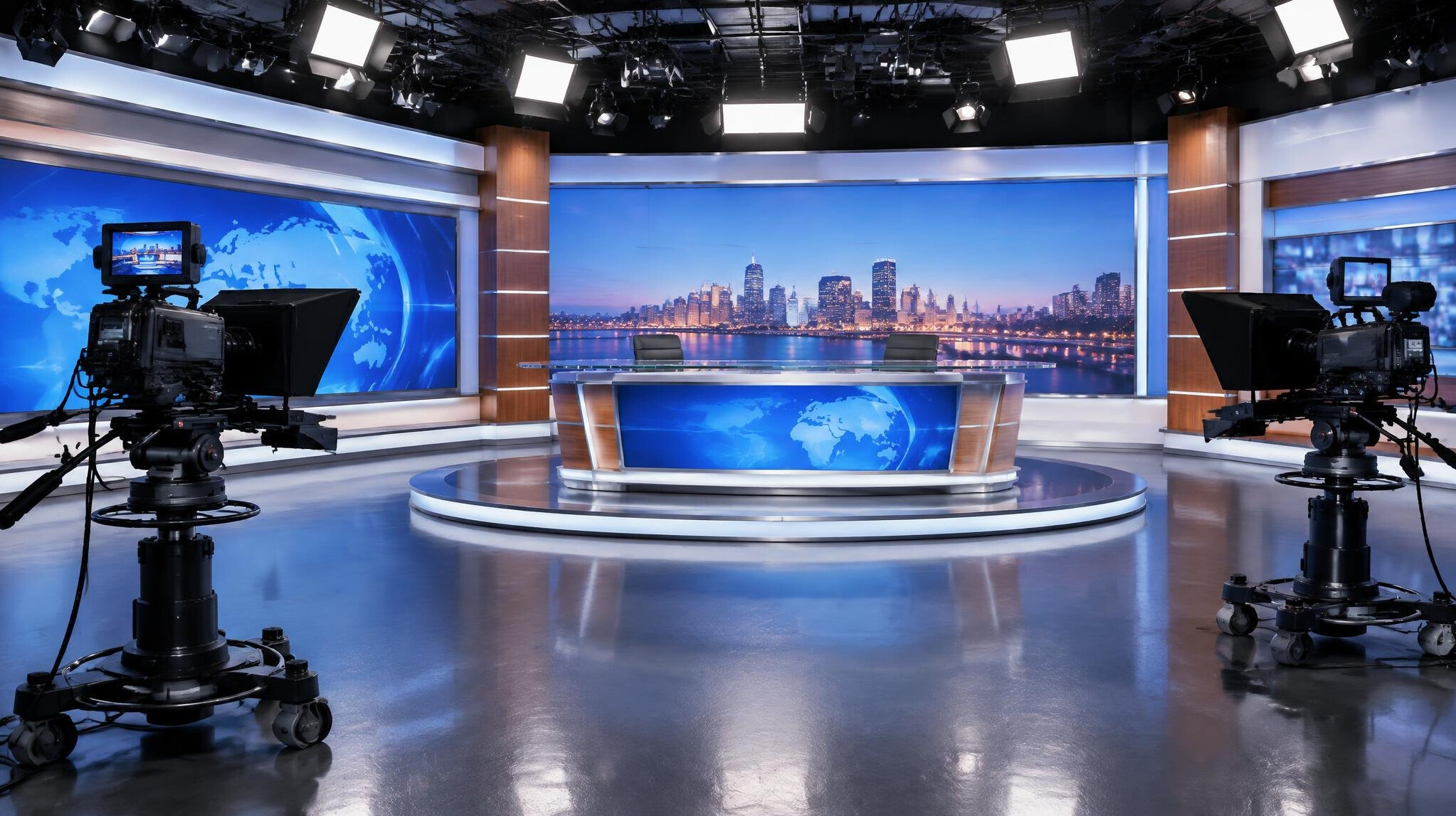 Television news studio with cameras and lighting rigs